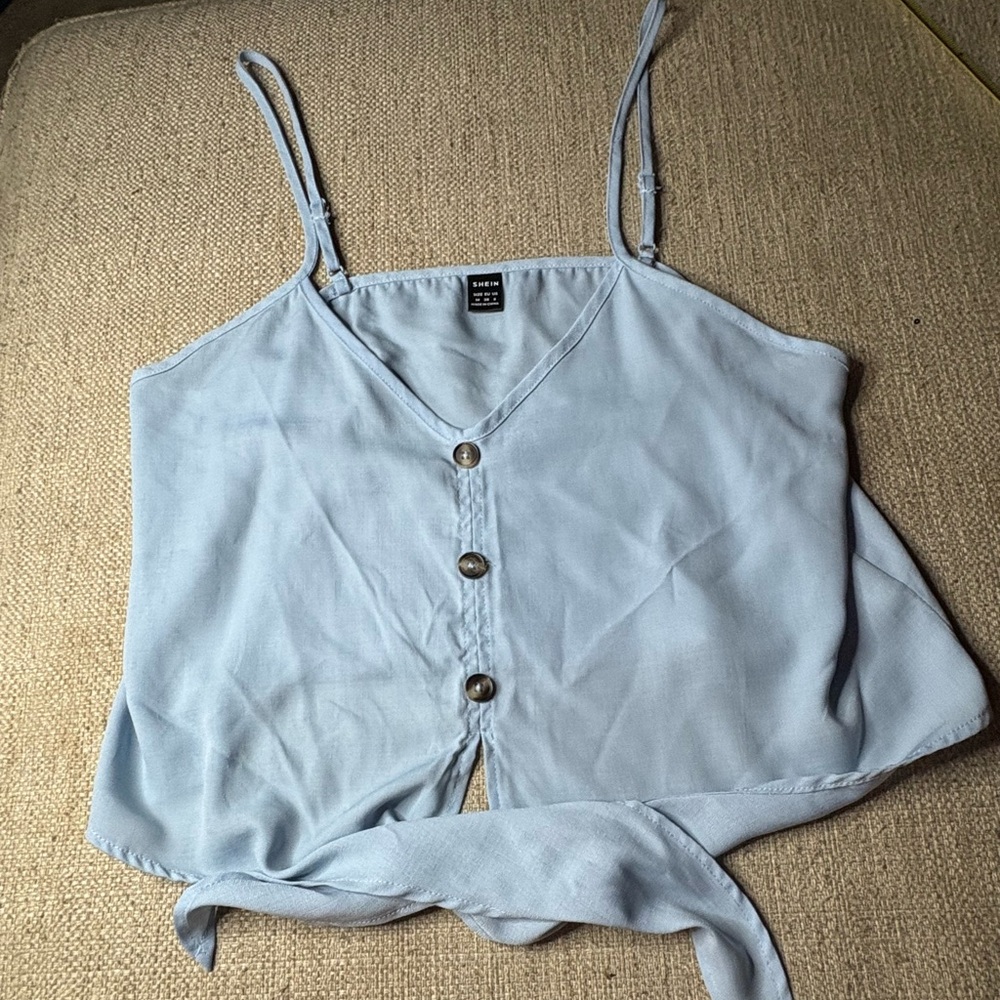 SHEIN Pale Blue Button-Front Tie Crop Camisole medium